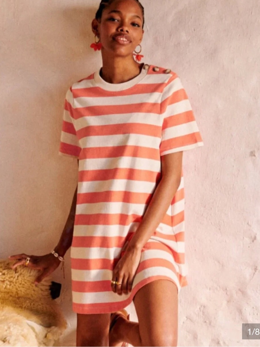 Sezane Women's Orange and Cream Striped Short Sleeve Dress